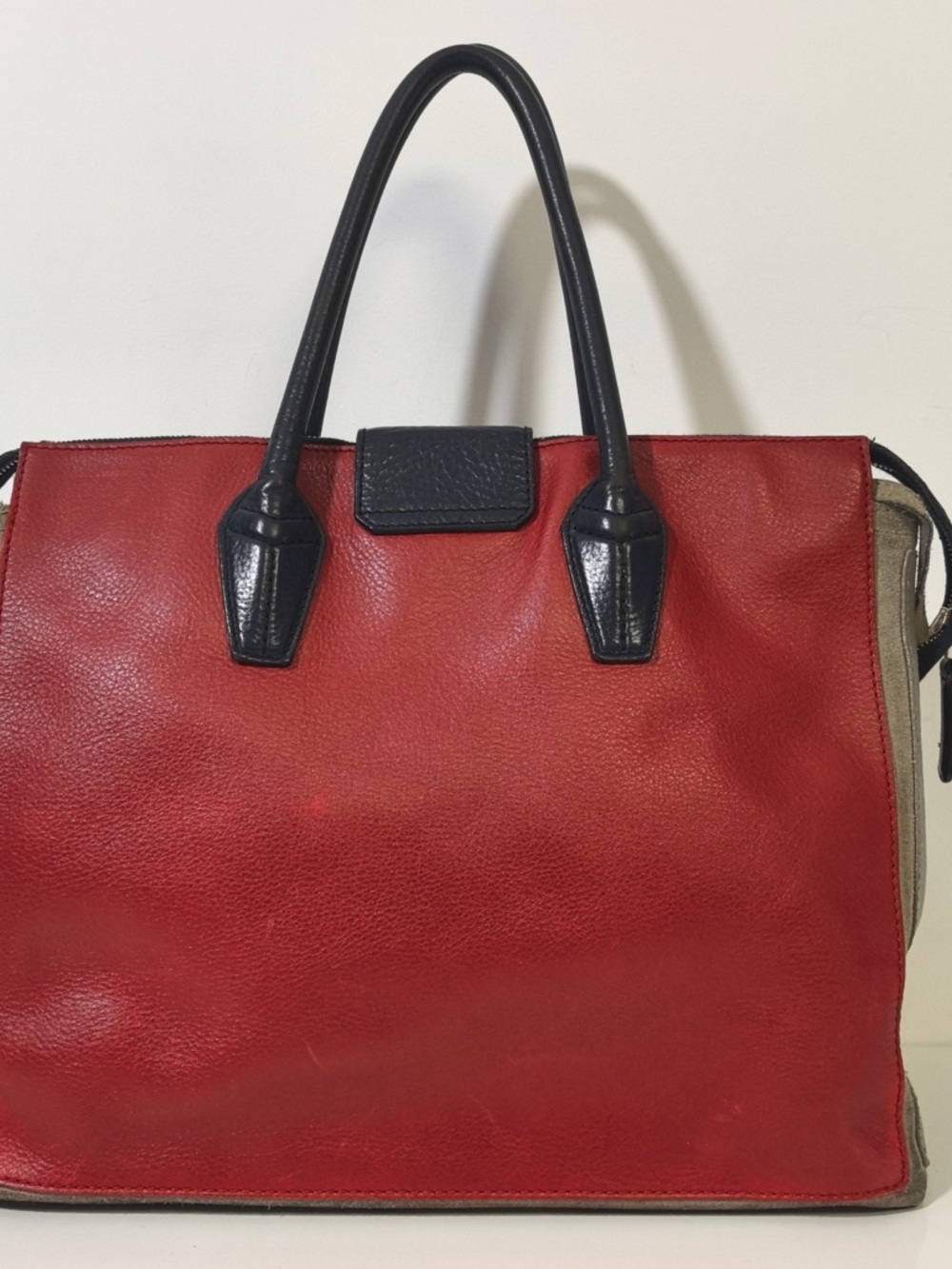 YSL Red Grey Color-Block Leather Suede Tote with Pouch - Picture 3 of 12